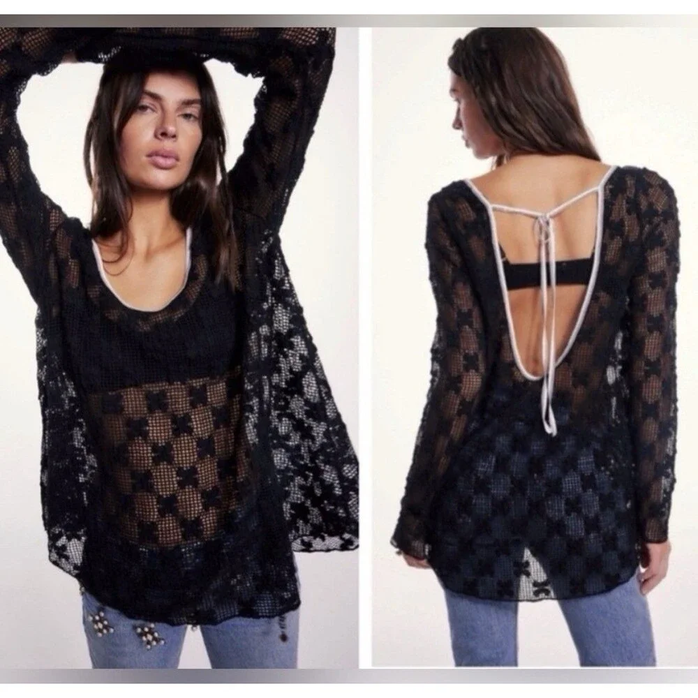 NEW Free People Grady Lace Crochet-Style Top, Black Whimsigoth Fairy Large Goth